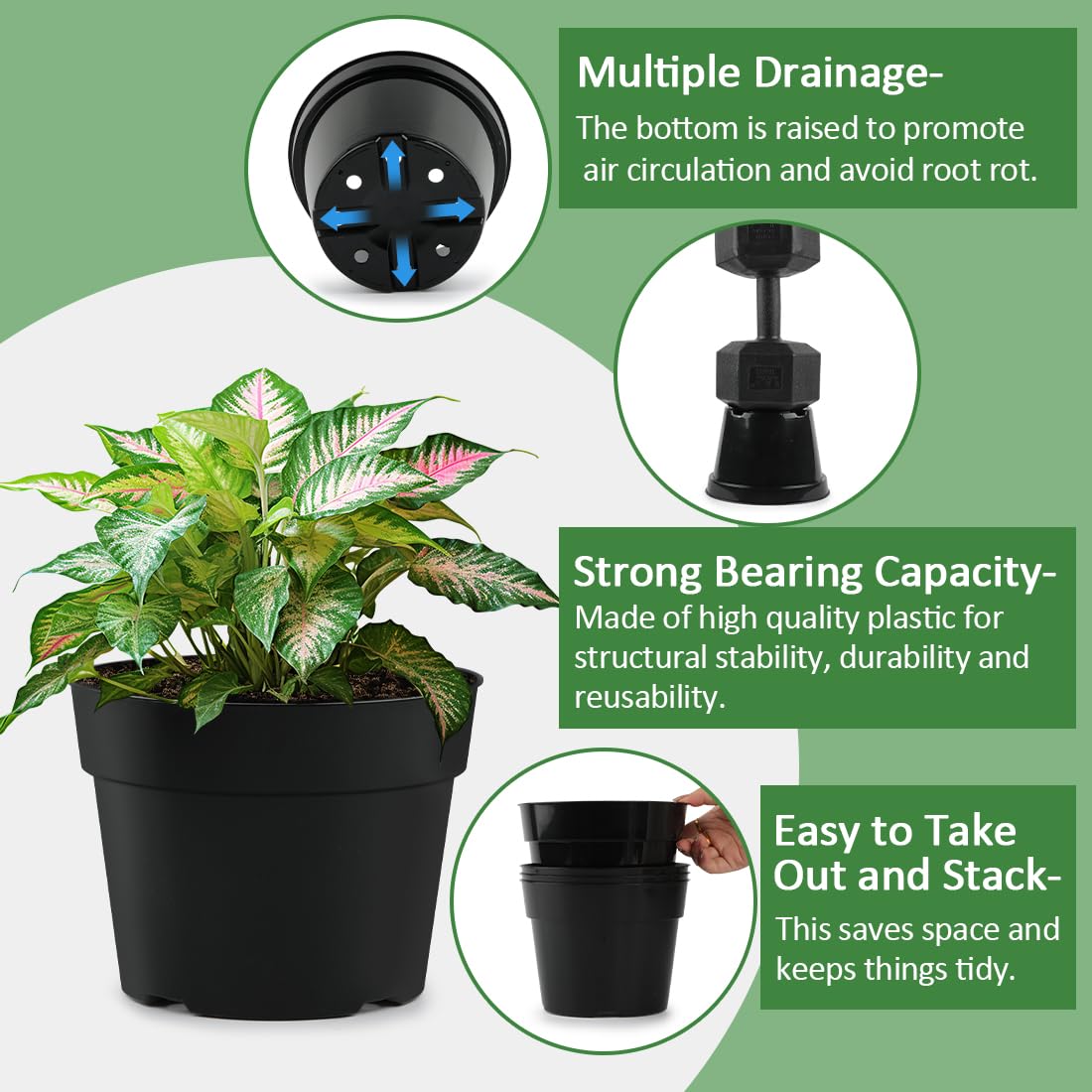 8/6/4 Inch Plant Nursery Pots 15 Pack, Thickened Plastic Pots for Plants with Drainage Holes, Sturdy Seedling Pots, Seed Starting Pots, Flower Pots for Indoor Outdoor Plants, Black