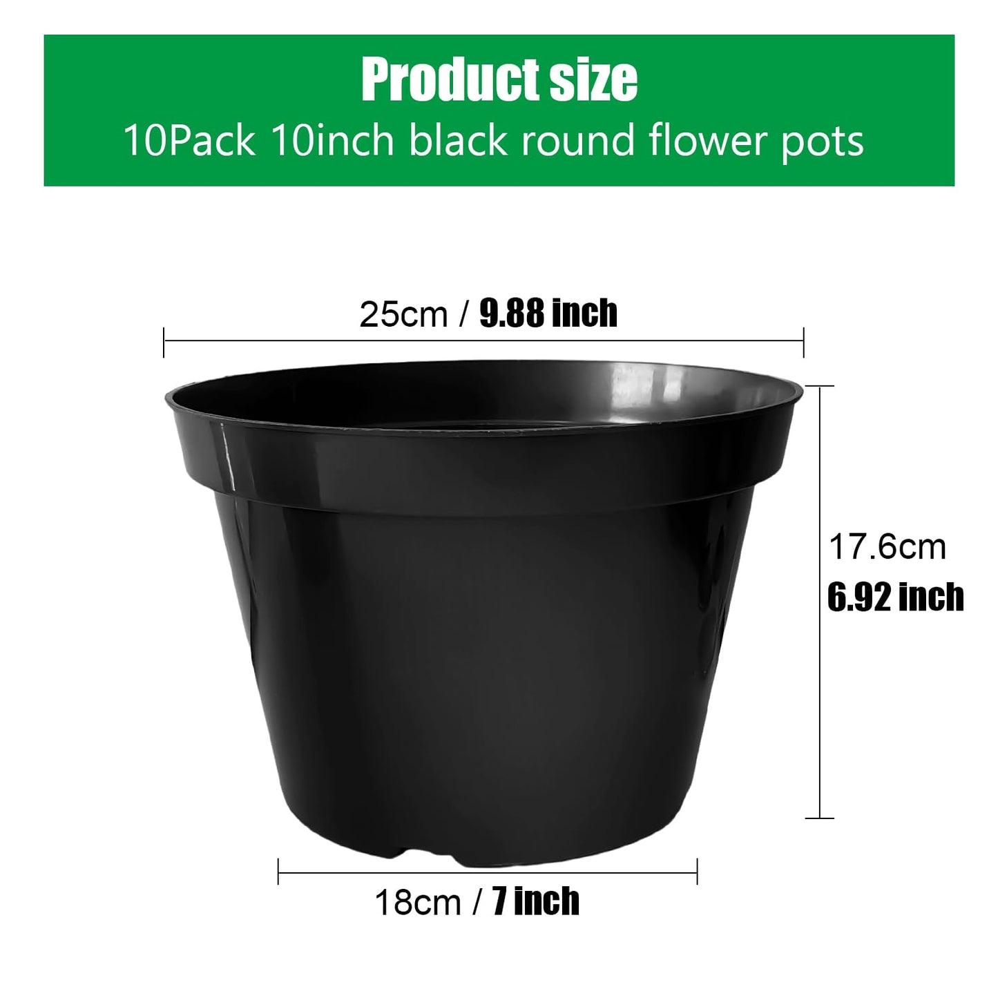 10 Inch Plastic Nursery Pots for Plants 10 Pack Plant Pots with Drainage Holes 2 Gallon Nursery Pots Perfect for Indoor Outdoor Plants Such as Herbs, Strwaberrys and Flowers, Black