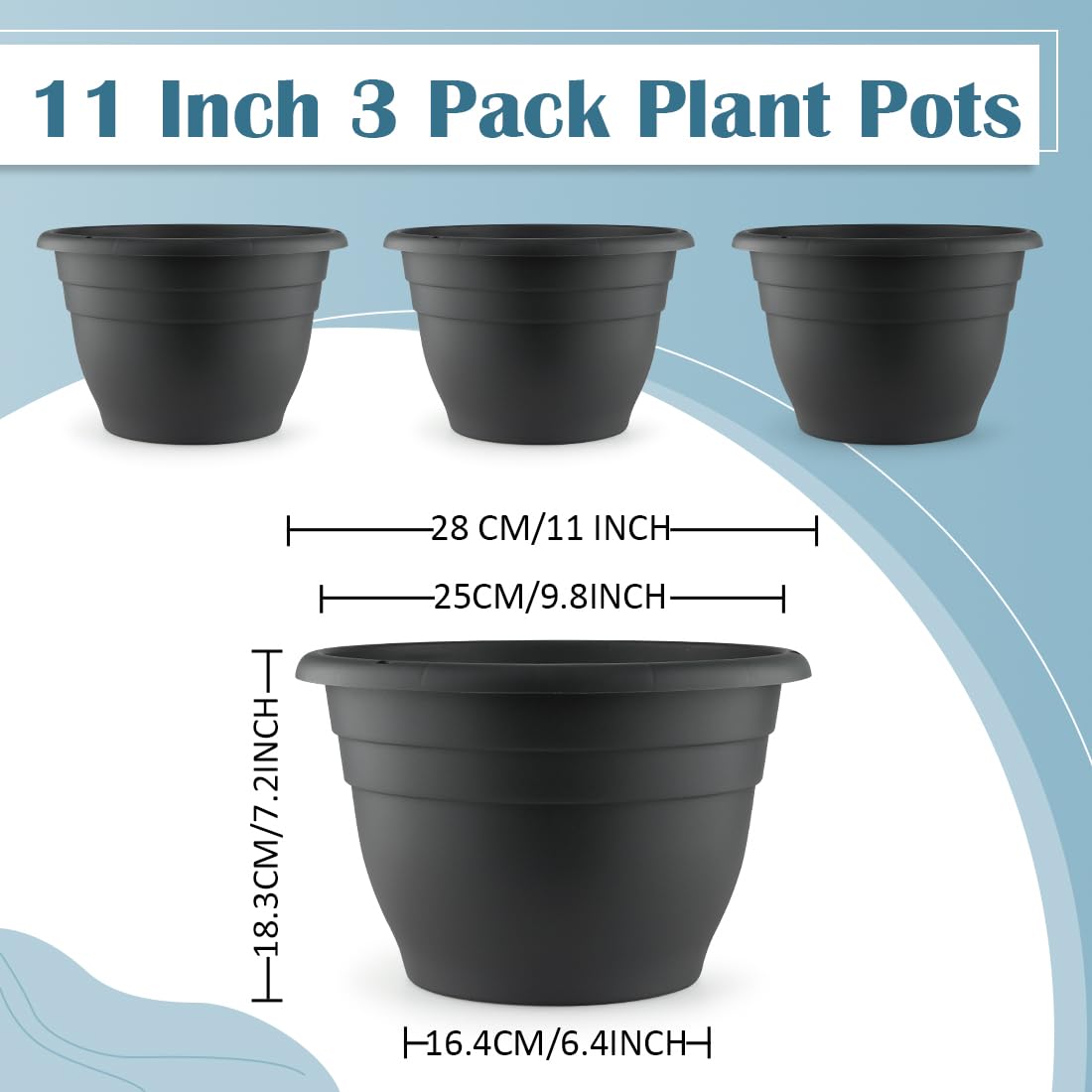 Plant Pots Set of 3, 10" Inner Diameter Flower Pots, 11" Outside Diameter Plant Planters with Drainage Hole, Durable Garden Pots Perfect for Indoor & Outdoor Plant Planting, Decor, Gray