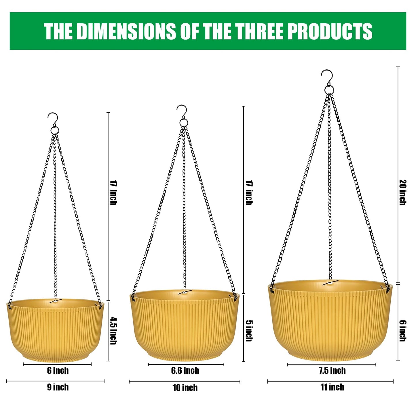 Hanging Planters 9/10/11 Inch for Indoor Plants, 3 Pack Plant Hanger Outdoor with Drainage Holes, Self Watering Hanging Basket Flower Pot for Garden Home Decor, Yellow