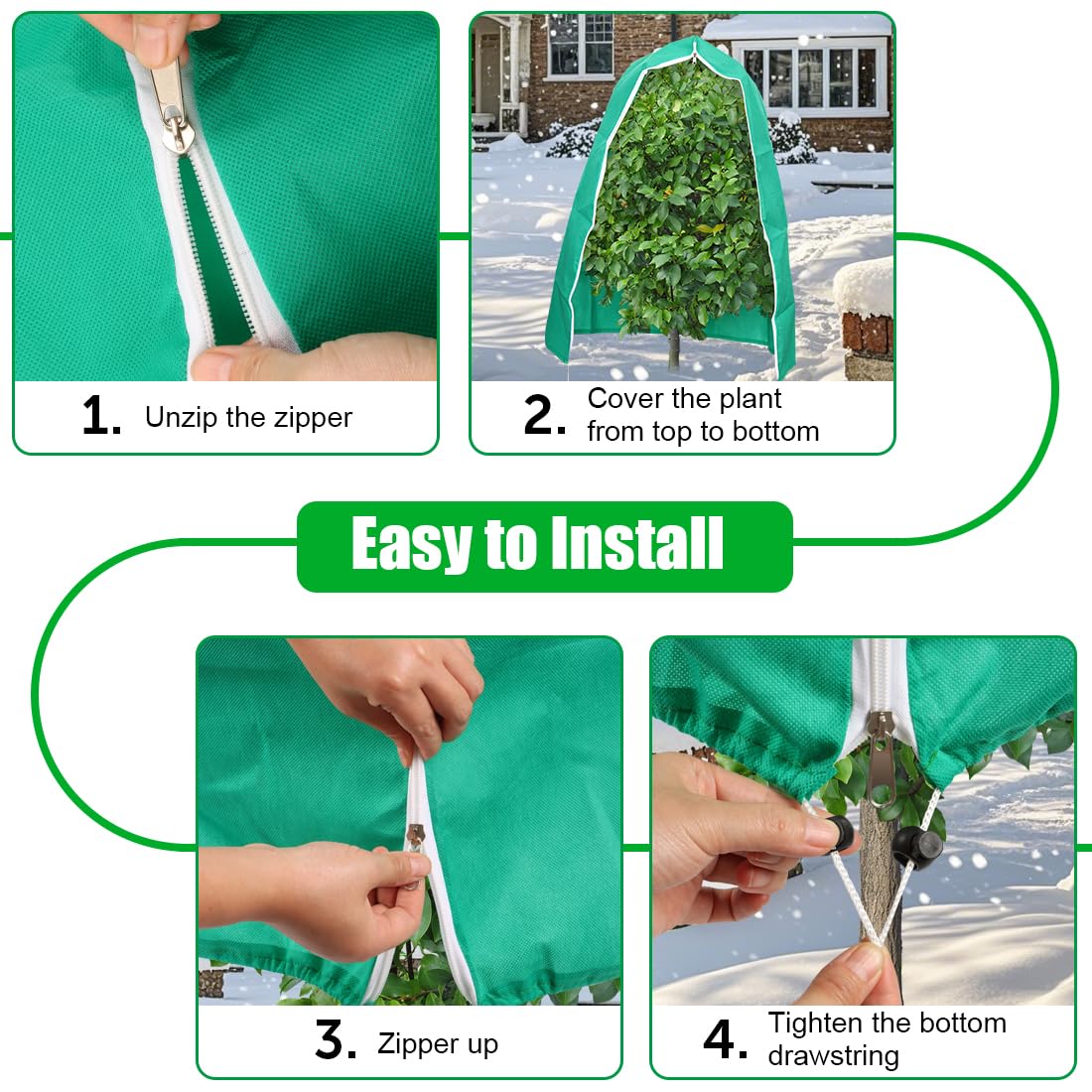 Plant Protectors from Animals, 4-Pack Plant Covers Freeze Protection, Frost Covers with Zipper Drawstring, Outdoor Winter Frost Cold Weather Shrubs Trees Jacket Covers (31.5" x 47.3",Green)