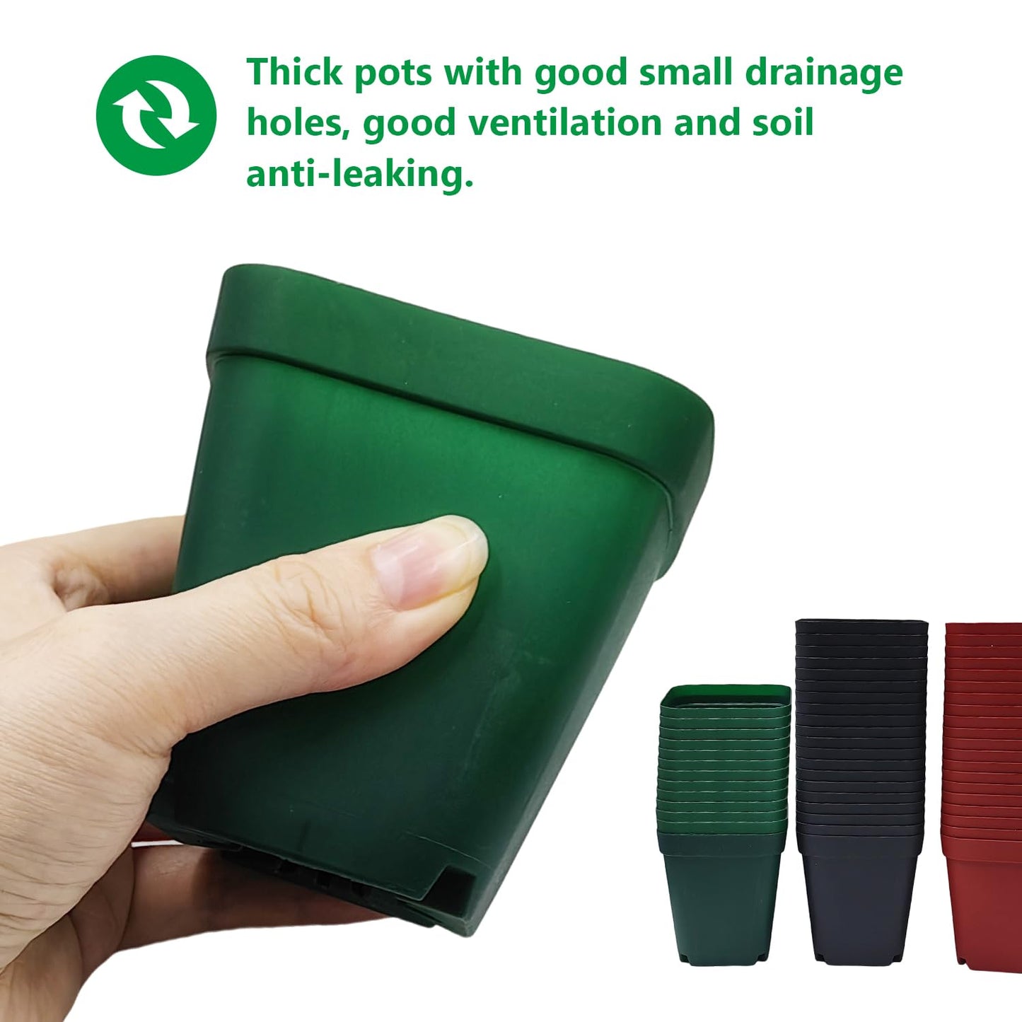 Square Plastic Nursery Pot 3" 120 Pcs Deep Succulent Pots Small Flower Planter Seeds Starter Pots with Drainage (Green,Black,Red 40pcs Each,2.7Inches)