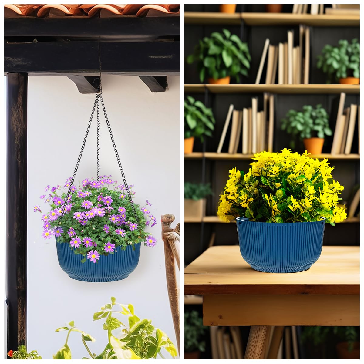 Hanging Planters 9/10/11 Inch for Indoor Plants, 3 Pack Plant Hanger Outdoor with Drainage Holes, Self Watering Hanging Basket Flower Pot for Garden Home Decor, Dark Blue