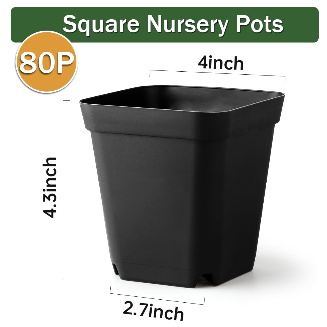 BTPLASTIK 80 Pcs Nursery Pots 4 Inch, Plastic Seed Starting Pot with Drainage Holes, Sturdy Seedling pots for Planting, Succulents, Transplanting, Cuttings (Black)