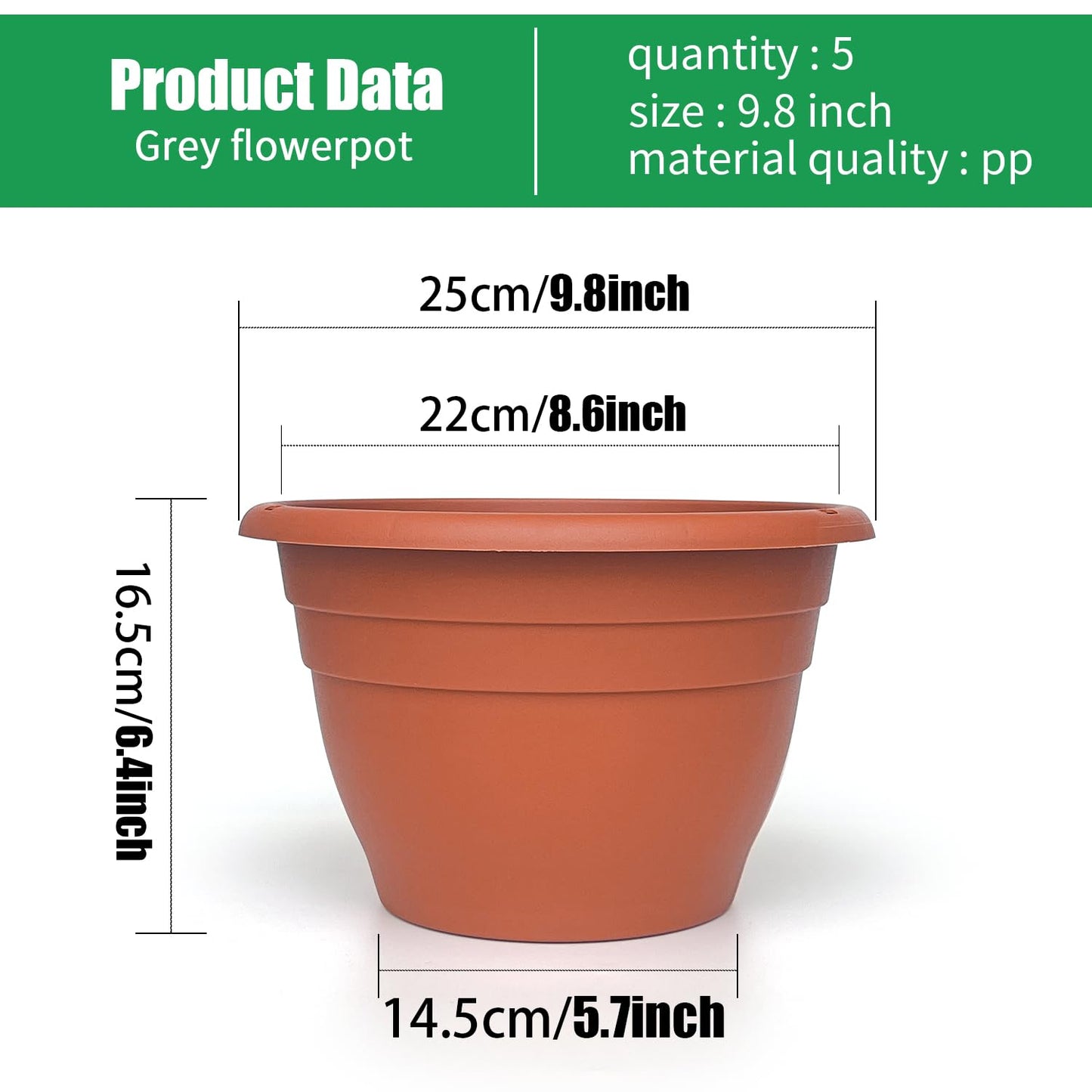 Plant Pots Set of 5, 10" Outside Diameter Flower Pots, 8.5" Inner Diameter Plant Planters with Drainage Hole, Durable Garden Pots Perfect for Indoor & Outdoor Plant Planting, Decor(Pottery Red)