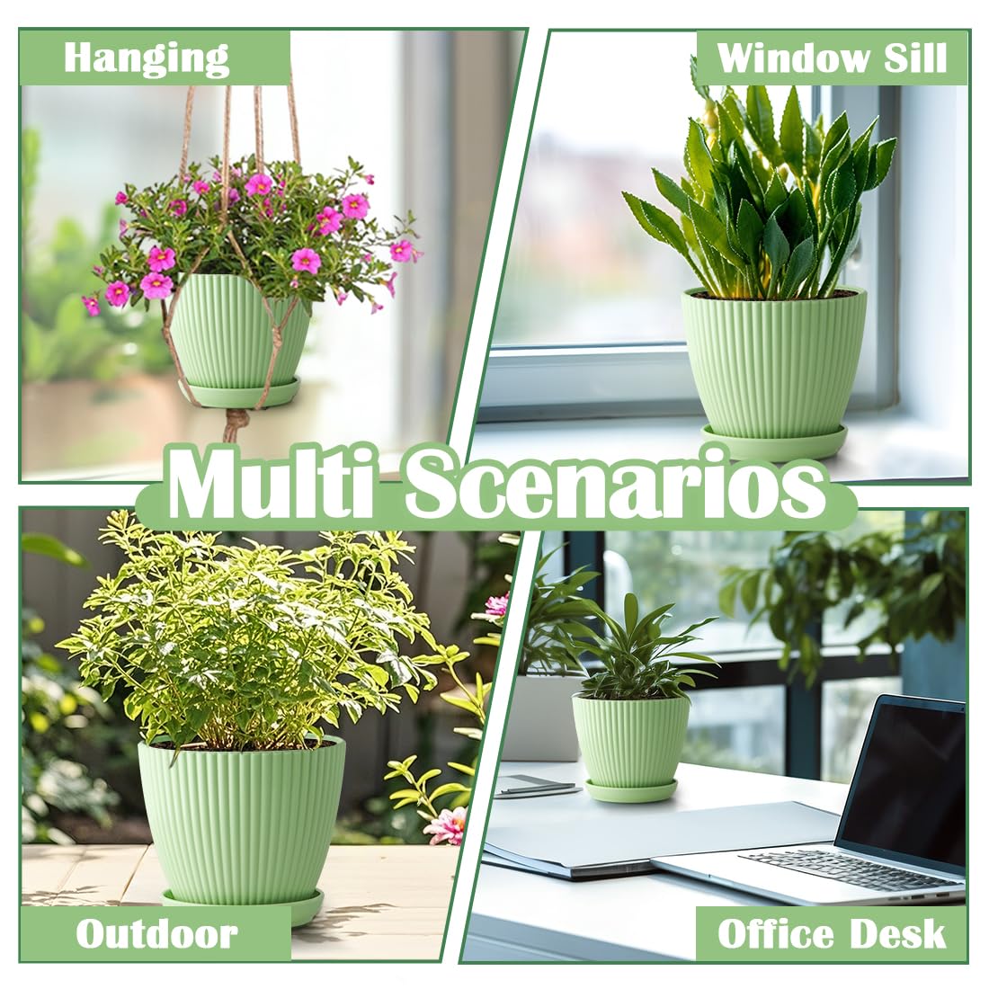 Indoor Planters with Drainage Holes and Saucers, 7.5/6.5/5.5/4.9/4.2/3.5 Inch Plant Pots, 6 Pack Plastic Flower Pots for Indoor Plants Such as Succulents and Herbs, Green