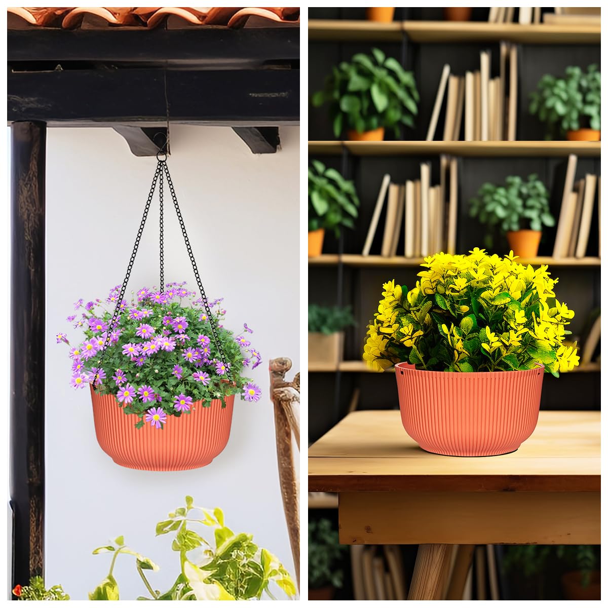 Hanging Planters 9/10/11 Inch for Indoor Plants, 3 Pack Plant Hanger Outdoor with Drainage Holes, Self Watering Hanging Basket Flower Pot for Garden Home Decor, Light Coral