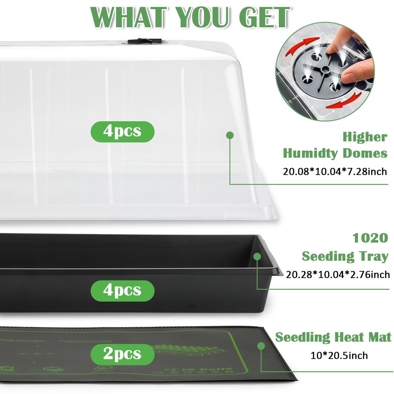 4-Pack 1020 Seed Starter Trays with 7.3'' Humidity Domes & 2-Pack Heat Mats – Heavy-Duty Seedling Trays with Adjustable Domes & Waterproof Heating Mats for Optimal Germination & Cloning Propagation
