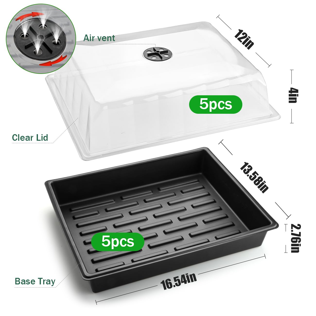 Leak-Proof Seed Starter Trays with 4" Humidity Dome & Drip Tray - 5-Pack Heavy-Duty Plastic Propagation Kit for Herbs, Microgreens, Indoor Gardening, Durable Reusable Plant Growing Trays