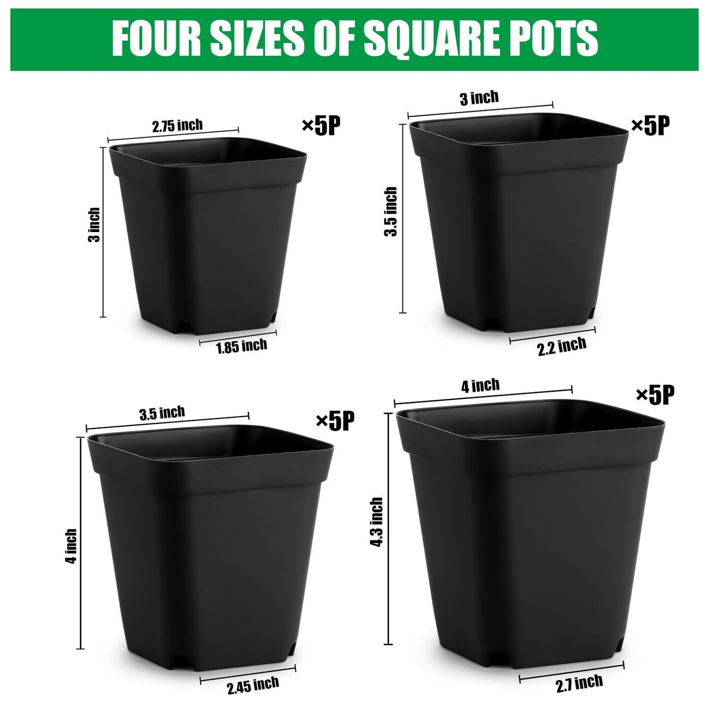 Square Nursery Pots (2.7", 3", 3.5", 4") with Drainage Holes 20 Pcs, Plastic Seed Starting Pots, Sturdy and Durable Seedling Pots for Planting, Cuttings and Transplanting, Black