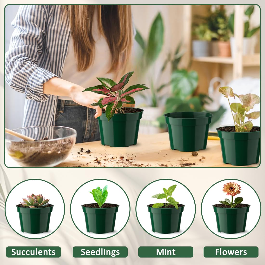 BTPLASTIK 20 Pack 4 Inch Plastic Plant Pots, Thickened Sturdy Nursery Pots, Seed Starter Pots with Drainage Hole, Planting Small Flower Pots, Green
