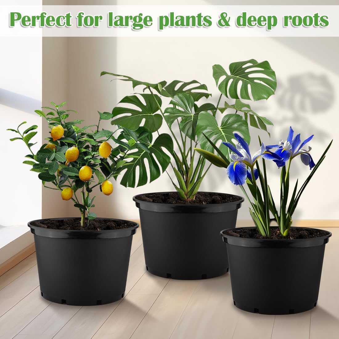 10 Gallon Plastic Nursery Pots, 16 Inch Round Plant Pots with Drainage Holes, 5 Pack Large Garden Flower Pots for Outdoor Indoor Plants, Gardening Gifts for Women, Black