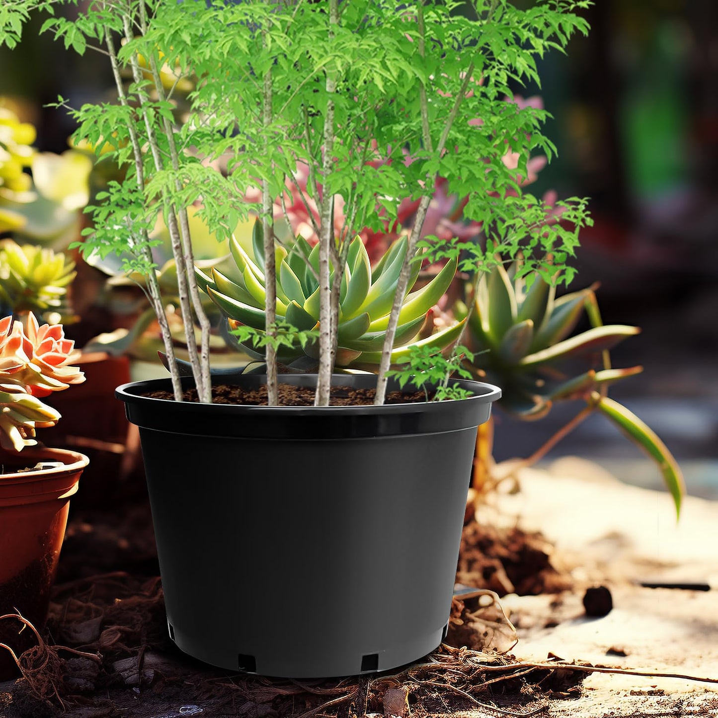 7 Gallon Plastic Nursery Pots, 15 Inch Large Plastic Pots for Plants, Round Plant Pots with Drainage Holes, Flower Pots for Outdoor Indoor Plants, Gardening Gifts for Women (5-Pack, Black)