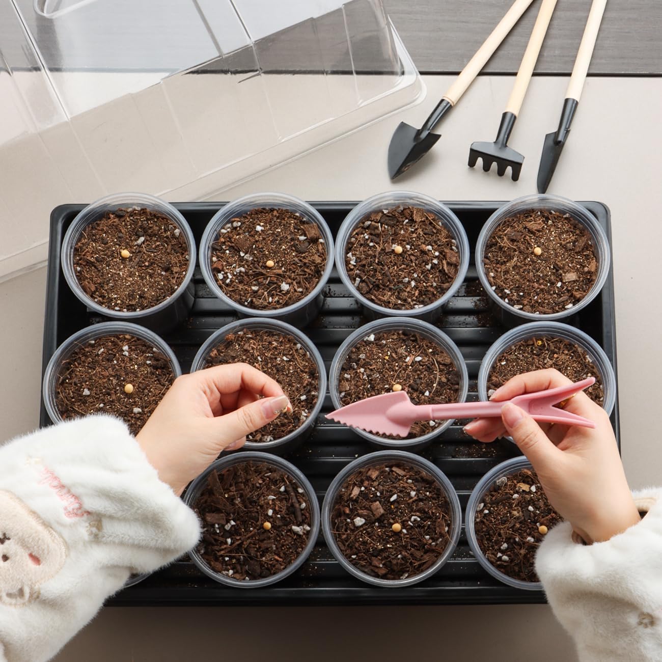 50pcs 3.5" Clear Nursery Pots with 4 Trays and 2 Adjustable LED Grow Lights – Complete Seed Starter Kit with 5" Tall Humidity Dome for Seed Germination, Seedling Planting Propagation, Indoor Gardening